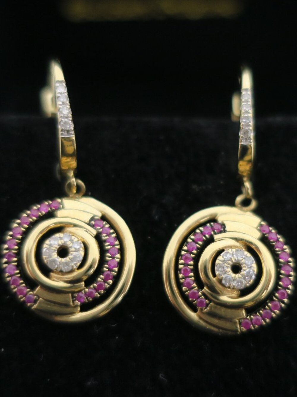 14K Yellow Gold Ruby Diamond Concentric Circle Drop Earrings Leverback